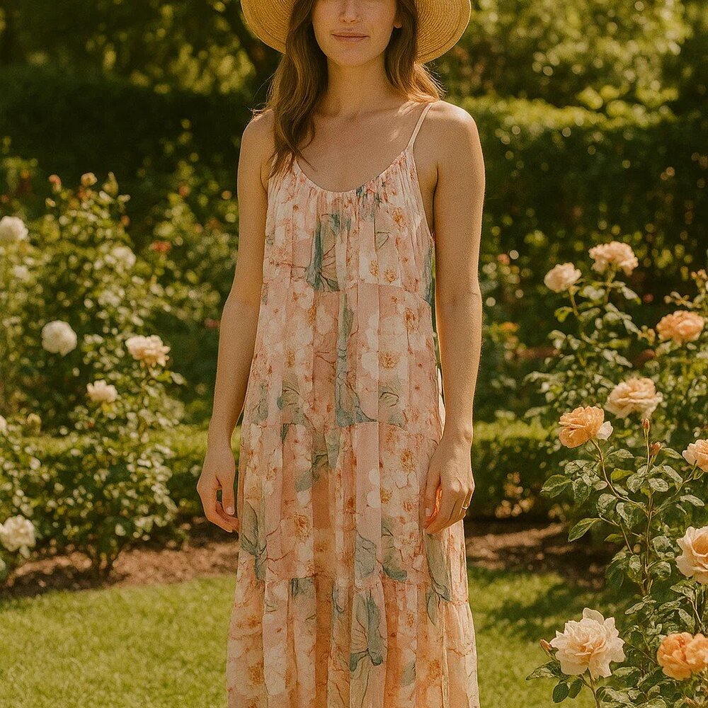 Elena Baldi Maxi Dress Blush Silk Blend Summer Floral Brunch Braided Straps XL - Picture 1 of 13